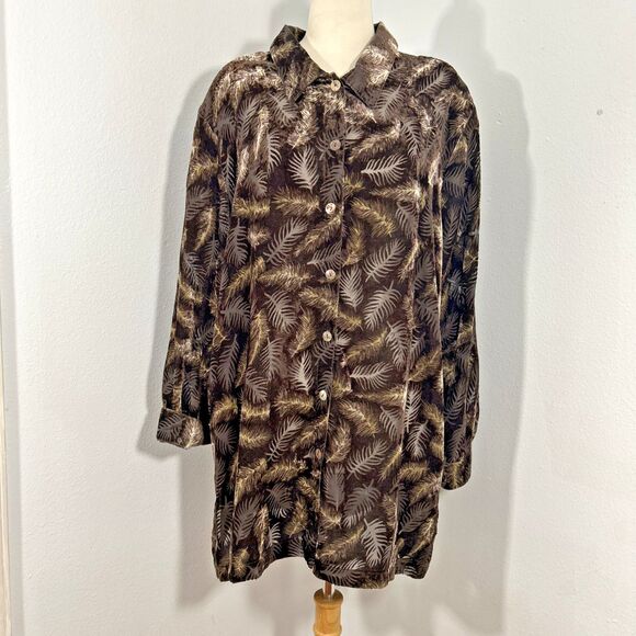 Coldwater Creek Blouse Womens‎ 4X Brown Velvet Tropical Button Down - Picture 1 of 10